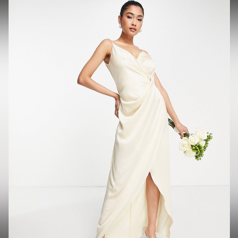 Liquorish Bridesmaid cami strap satin wrap maxi dress in champagne - Size 6
